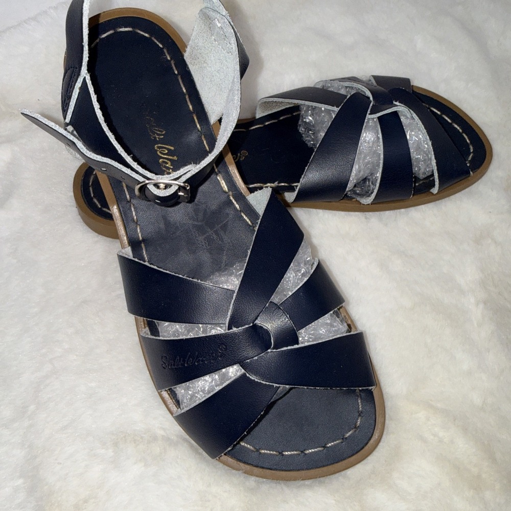 Salt Water Hoy Shoes Sun-San Blue Leather Preppy Designer Sandals Big Girls Sz 4